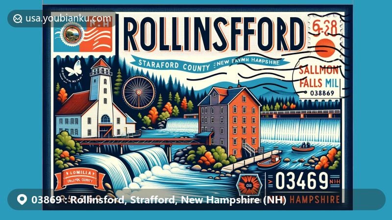 Modern illustration of Salmon Falls Mill Historic District and Salmon Falls River in Rollinsford, New Hampshire, featuring state symbols like the flag, with postal elements including stamps, postmarks, and ZIP code 03869.