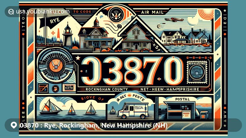 Vibrant illustration of Rye, Rockingham County, New Hampshire, capturing postal theme with ZIP code 03870, showcasing coastal landscapes, Odiorne Point, and historical elements.