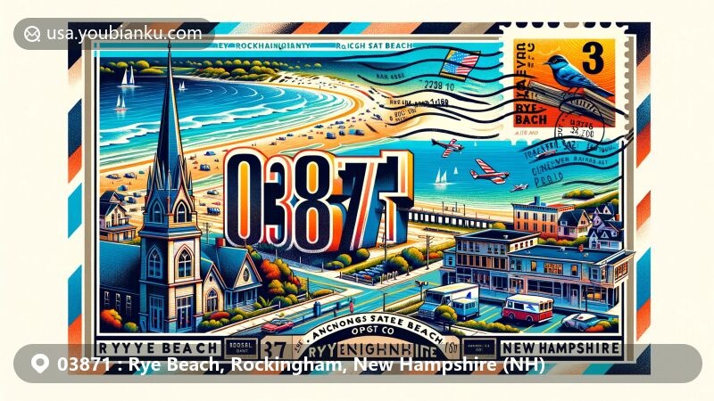 Modern illustration of Rye Beach, Rockingham County, New Hampshire, showcasing Jenness State Beach and St. Andrew's-by-the-Sea church, with postal elements including 03871 ZIP code and classic American postal symbols.