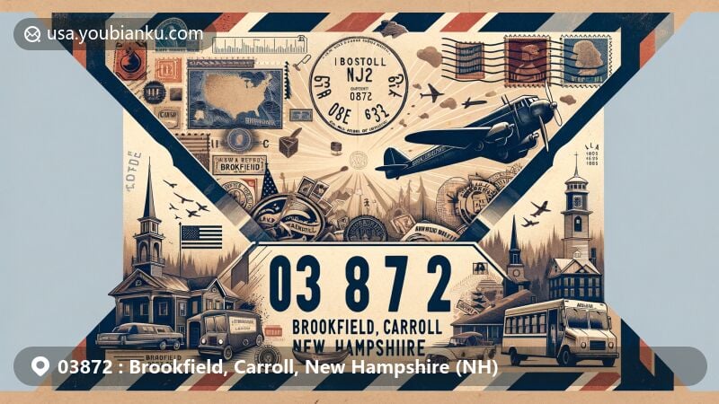 Modern illustration of Brookfield, Carroll, New Hampshire, featuring a vintage airmail envelope with ZIP code 03872, incorporating state symbols and local landmarks in a creative postal theme.