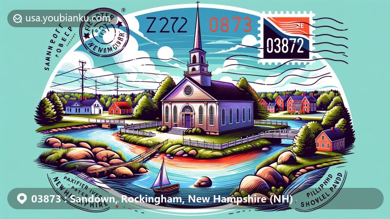 Illustration of Sandown Meeting House, a landmark of early New England church architecture in Sandown, Rockingham County, New Hampshire, with postal elements and natural landscapes like Exeter River and Phillips Pond.