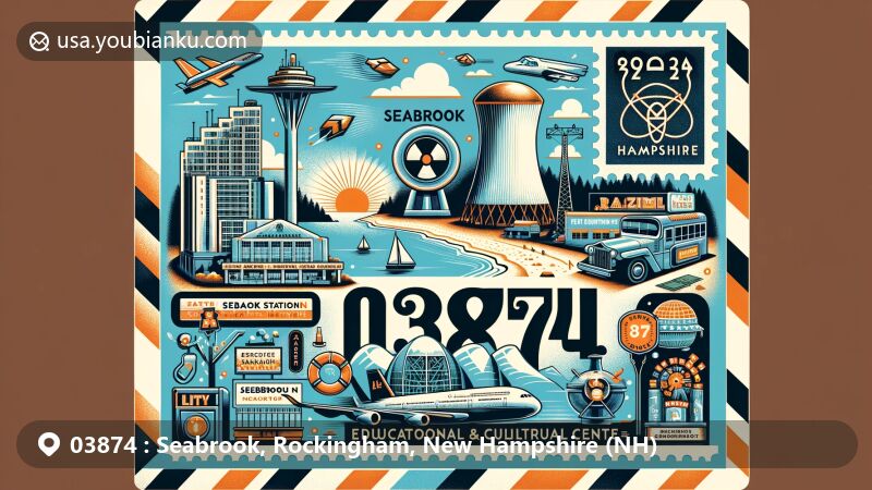 Modern illustration of Seabrook, Rockingham, NH, featuring postal theme with ZIP code 03874, showcasing town landmarks like the beach, Seabrook Station Nuclear Power Plant, and a casino.