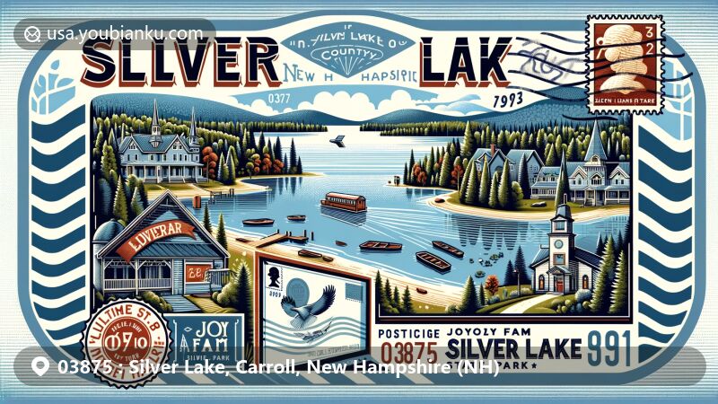 Modern illustration of Silver Lake, Carroll County, New Hampshire, inspired by airmail envelope style, featuring ZIP code 03875, showcasing scenic beauty, Joy Farm historic architecture, and Silver Lake State Park activities.