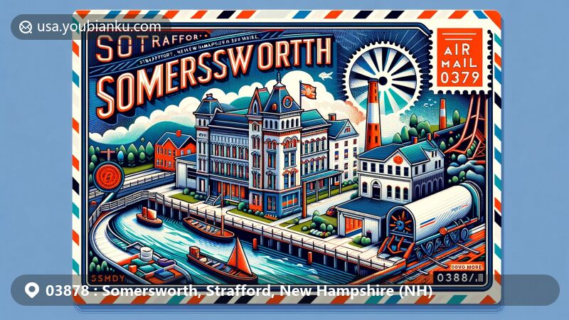 Modern illustration of Somersworth, Strafford, New Hampshire, depicting postal theme with ZIP code 03878, featuring Victorian architecture, Somersworth Riverwalk, textile and shoemaking history, postal stamp, and postmark.