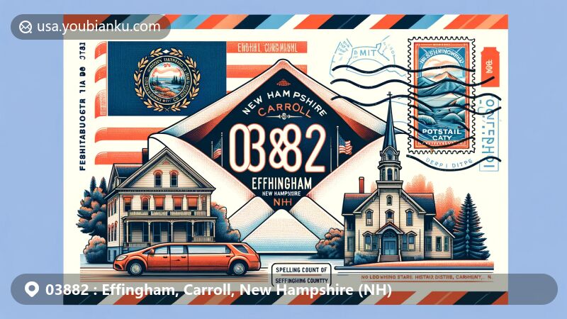 Illustration of Effingham, Carroll County, New Hampshire (NH), showcasing postal theme with state flag, Lord's Hill Historic District, and postal elements like stamps and mailbox.