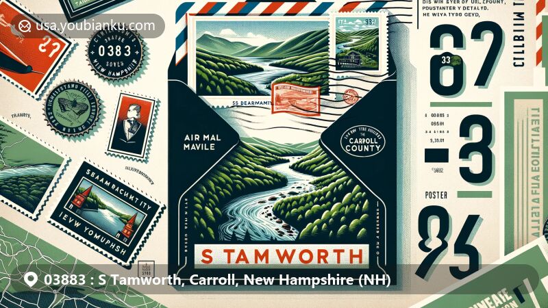 Modern illustration of S Tamworth, Carroll County, New Hampshire, showcasing vintage air mail envelope with colorful postcard depicting Bearcamp River and Black Snout Mountain, surrounded by postal elements and Carroll County map contours.