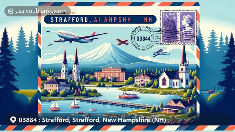 Modern illustration of Strafford, New Hampshire, showcasing postal theme with ZIP code 03884, featuring Bow Lake, Parker Mountain, Austin Cate Academy, and St. Thomas’ Episcopal Church.