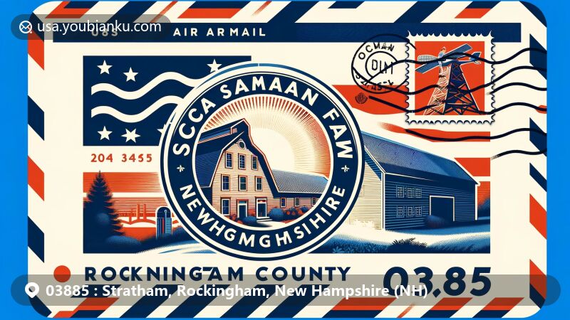 Modern illustration of Stratham, Rockingham, New Hampshire, with Scamman Farm as the central motif, featuring elements representing Rockingham County and the New Hampshire state flag, showcased in an air mail envelope design with postal elements and ZIP Code 03885.