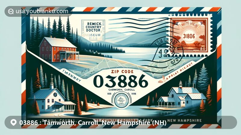 Modern illustration of ZIP code 03886, Tamworth, Carroll, New Hampshire, featuring Remick Country Doctor Museum & Farm, White Lake State Park, NH state flag stamp, '03886' postal code, and Carroll County map, designed as an airmail envelope.