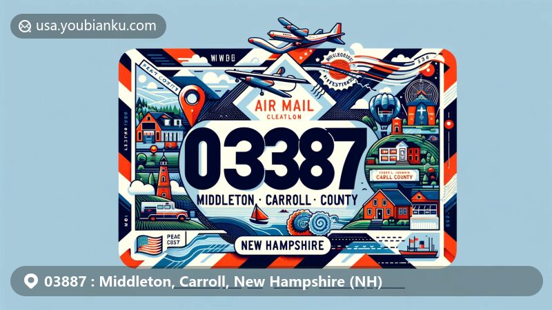 Modern illustration of Middleton, Carroll, New Hampshire, showcasing postal theme with ZIP code 03887, featuring iconic symbols of Middleton and Carroll County, including Carroll County map outline, Middleton landmarks, and New Hampshire state flag.