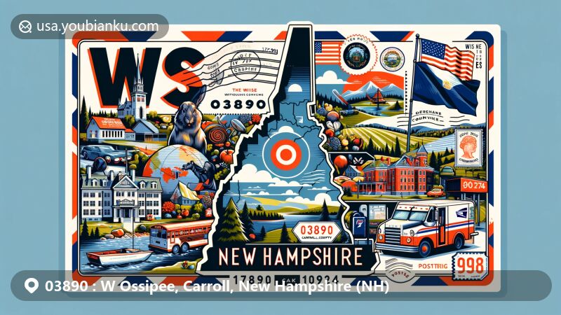 Modern illustration of W Ossipee, Carroll, New Hampshire, showcasing postal theme with ZIP code 03890, featuring state flag, county contour, postal elements, and landmark scenery.