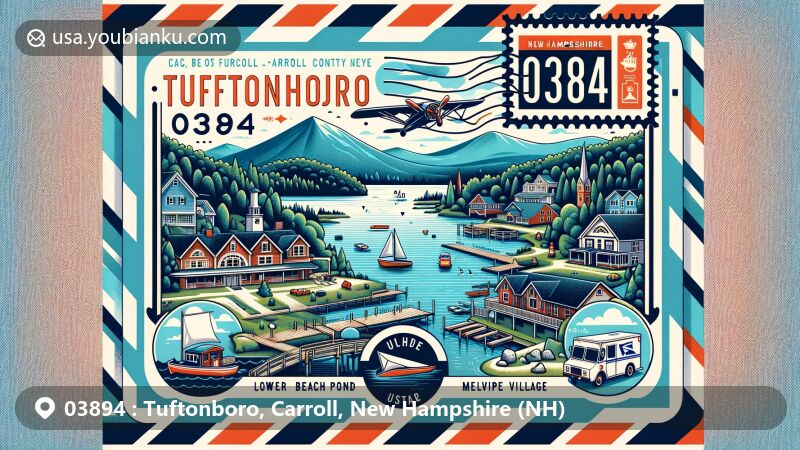 Modern illustration of Tuftonboro, Carroll County, New Hampshire, displaying summer vacation vibe with Lower Beech Pond, Ossipee Mountains, and Melvin Village on Lake Winnipesaukee, featuring postal elements like '03894', postal truck, and mailbox.