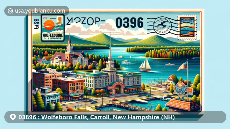 Vibrant postcard-style illustration of Wolfeboro Falls, Carroll County, New Hampshire, featuring Lake Winnipesaukee and Lake Wentworth, highlighting cultural landmarks like Wright Museum of World War II and New Hampshire Boat Museum, with detailed stamp and 03896 postmark.