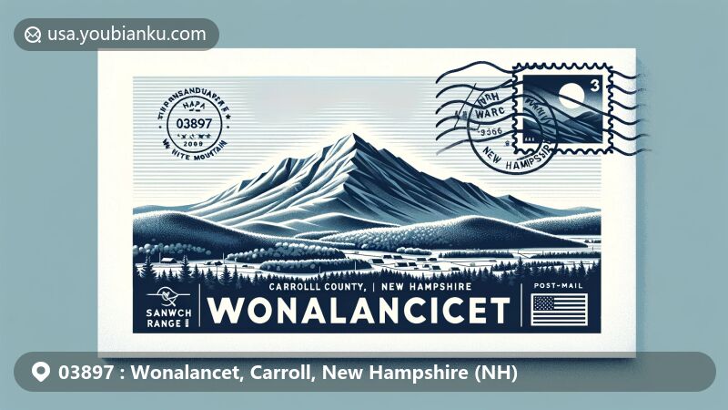 Modern illustration of Wonalancet area, New Hampshire, showcasing natural beauty with White Mountains' Sandwich Range and Mount Wonalancet, featuring postal theme with ZIP code 03897 and 'Wonalancet, Carroll County, New Hampshire' postmark.