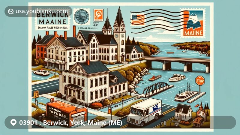 Modern illustration of Berwick, Maine, featuring postal elements with ZIP code 03901, showcasing Salmon Falls River, Old Sullivan High School, Hamilton House, Sarah Orne Jewett House, and Berwick Town Hall, along with Maine state flag.