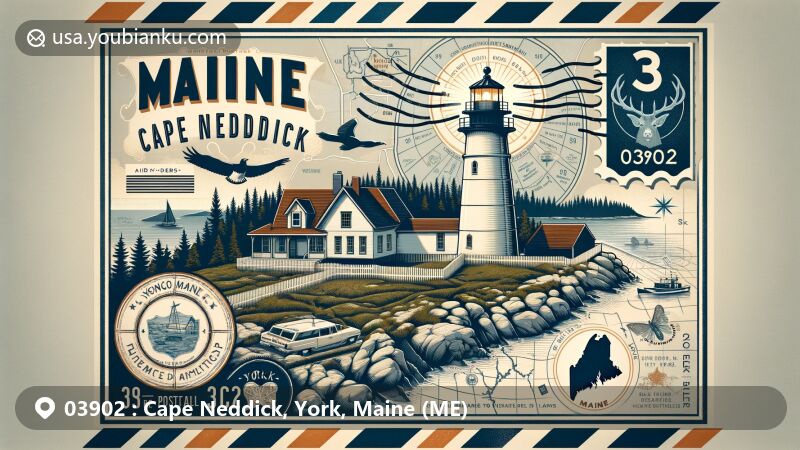 Modern illustration of Cape Neddick, York, Maine, featuring iconic Nubble Lighthouse on a postcard design with state symbols and postal elements, showcasing coastal beauty and ZIP code 03902.
