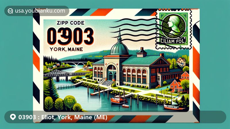 Modern illustration of Eliot, York, Maine, featuring postal theme with ZIP code 03903, showcasing William Fogg Library against the backdrop of Piscataqua River and Green Acre Baha'i School.