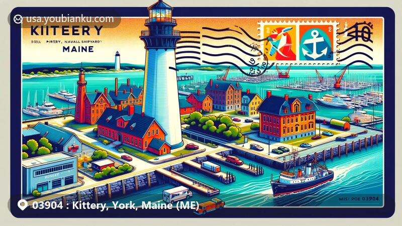 Modern illustration of Kittery, Maine, featuring Portsmouth Naval Shipyard and historic Whaleback Lighthouse, integrating landmarks with postal elements like stamps, postal stamps with ZIP code 03904, mailbox, and mail truck. Bright and eye-catching colors, suitable for web illustration, accurately capturing Kittery's unique features without cluttering the composition.