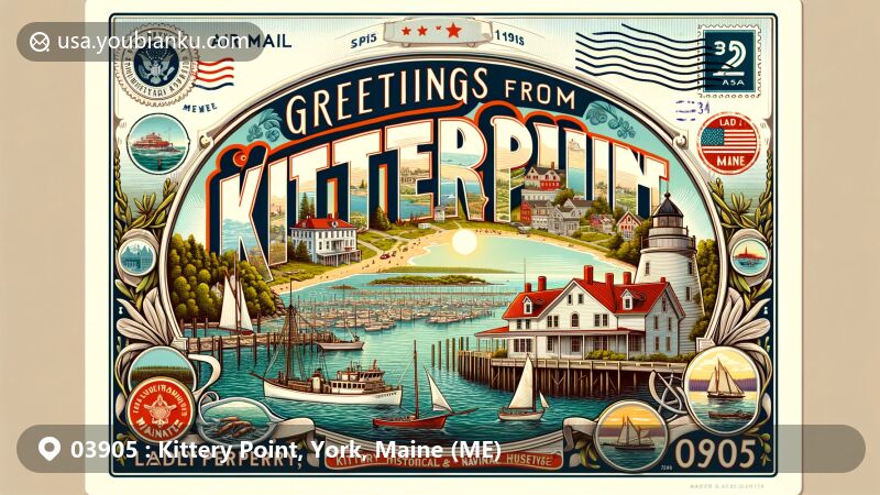 Modern illustration showcasing Kittery Point, York, Maine, featuring Fort McClary State Historic Site, Lady Pepperrell House, local shipbuilding tradition, and Piscataqua River views, complemented by Maine state symbols and coastal scenery.