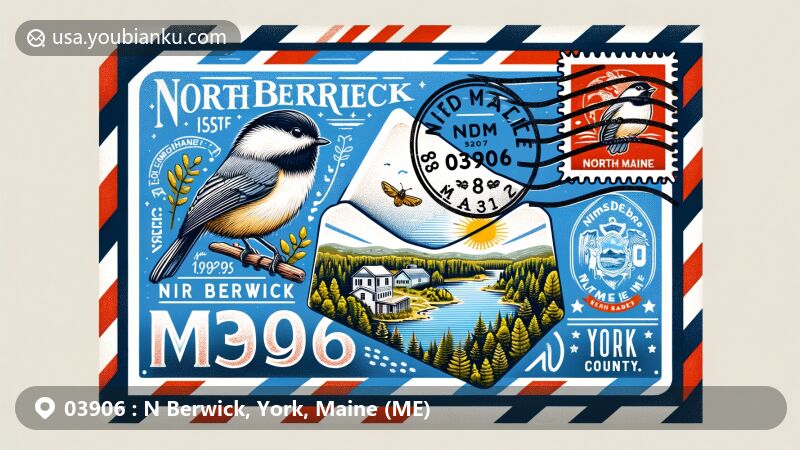 Modern illustration of North Berwick, York County, Maine, showcasing postal theme with ZIP code 03906, featuring scenic landscape, forests, lakes, Maine state flag, York County outline, vintage postage stamp, and Black-capped Chickadee.