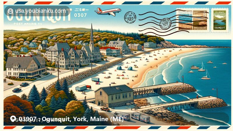 Modern illustration of Ogunquit, Maine, showcasing Marginal Way trail, Ogunquit Beach, Ogunquit Museum of American Art, and Perkins Cove, combined with postal elements like stamps, ZIP Code 03907, mailbox, and mail truck.