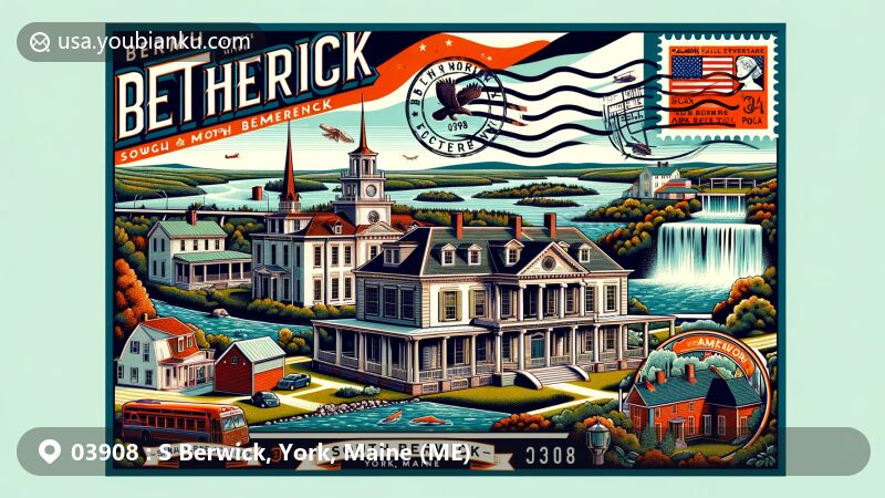 Modern illustration of South Berwick, York, Maine, capturing postal theme with ZIP code 03908, featuring Hamilton House, Salmon Falls River, Sarah Orne Jewett House, Berwick Academy, and Maine state symbols.