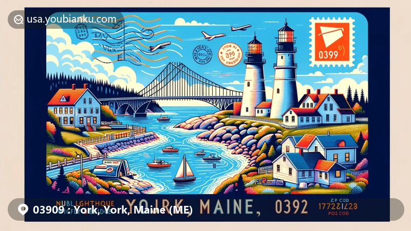 Modern illustration of York, Maine showcasing iconic landmarks like Nubble Lighthouse, Wiggly Bridge, and Agamenticus Mountain, featuring postal elements and ZIP code 03909.