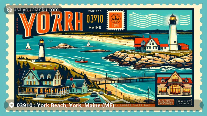 Modern illustration of York Beach, Maine, highlighting ZIP code 03910 area with Nubble Lighthouse, Long Sands Beach, Short Sands Beach, Hartley Mason Reserve, and The Goldenrod shop, integrating postal theme elements.