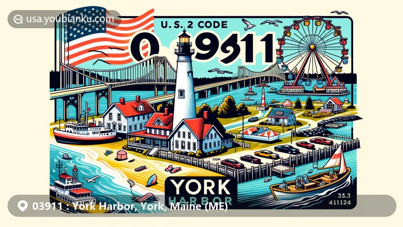 Modern illustration of York Harbor, Maine, representing postal theme with ZIP code 03911, featuring Nubble Lighthouse, Long Sands Beach, York Harbor Beach, Wiggly Bridge, York’s Wild Kingdom Zoo and Amusement Park, and Hartley Mason Reserve.