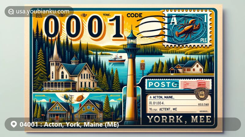 Modern illustration of Acton, York County, Maine (ME), with postal theme showcasing ZIP code 04001, featuring scenic countryside charm including forests, lakes, and town architecture, reflecting the tranquil essence of a picturesque New England town, integrated with symbols representing Maine, such as pine trees or lobsters.