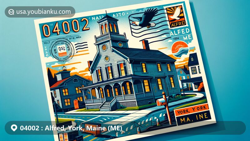 Modern illustration of Alfred, York, Maine, showcasing postal theme with ZIP code 04002, featuring historic Shaker community and New England village architecture.