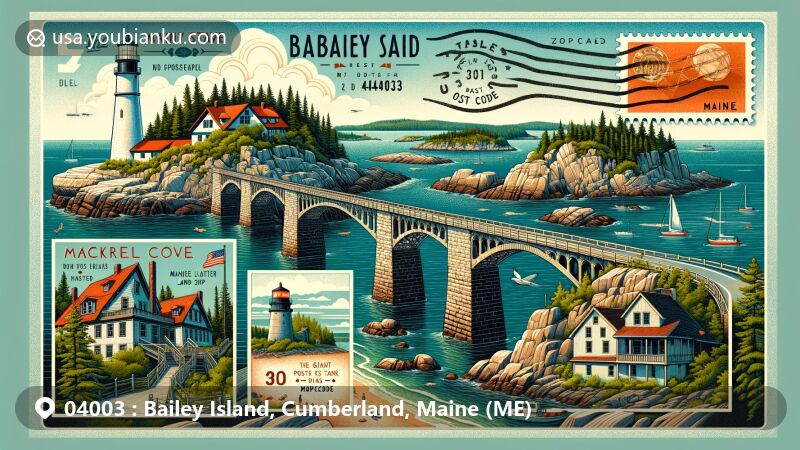 Modern illustration of Bailey Island, Maine, highlighting scenic beauty and postal theme with ZIP code 04003, featuring Bailey Island Bridge, Mackerel Cove, The Giant Stairs, Land's End beach view, 'Maine Lobsterman' bronze statue, WWII-era fire control towers, and postal elements.