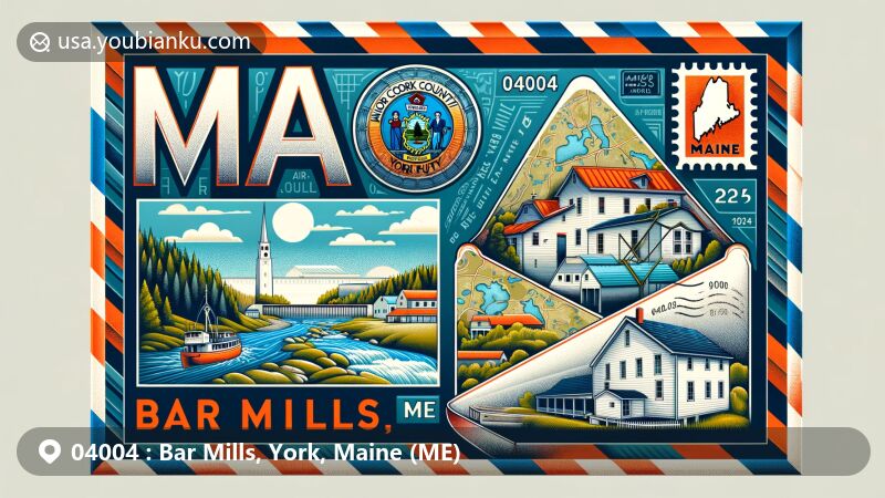 Vibrant portrayal of Bar Mills, York County, Maine, showcasing airmail theme with Maine state flag, York County map, and iconic landmarks, including Saco River, Grange Hall, and Old White Church.