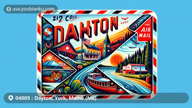 Modern illustration of Dayton, York County, Maine, showcasing postal theme with ZIP code 04005, featuring the Saco River, Maine state flag, and unique county outline.