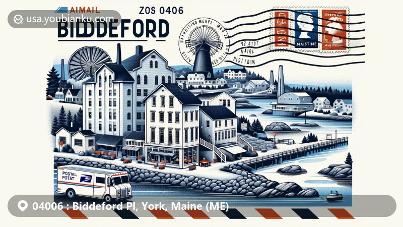 Modern illustration of Biddeford, Maine, merging mill district architecture, coastal views, and culinary scenes in an airmail theme with ZIP code 04006, featuring stamp, postmark, mailbox, and postal van.