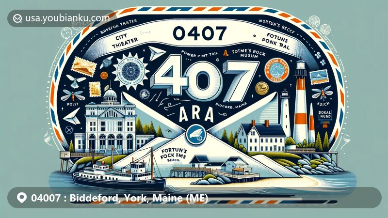 Modern illustration of Biddeford, Maine, showcasing postal theme with ZIP code 04007, featuring City Theater, Mills Museum, Timber Point Trail, Fortune's Rocks Beach, and Wood Island Lighthouse.