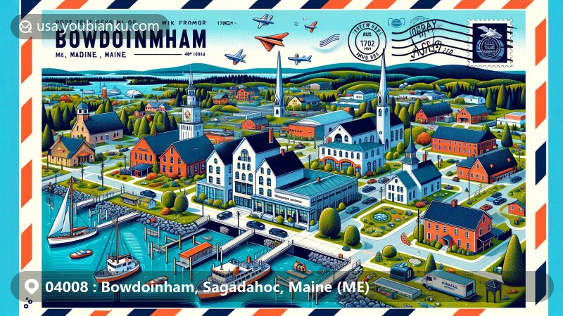 Creative depiction of Bowdoinham, Maine, showcasing Merrymeeting Arts Center and Mailly Waterfront Park, highlighting agricultural history and shipbuilding industry, designed as a postcard with postal elements like stamps, ZIP Code 04008, and a mailbox.
