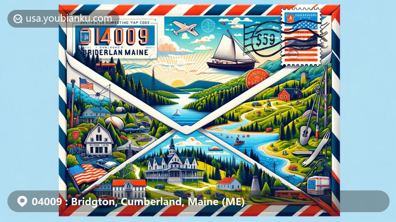 Modern illustration of Bridgton, Cumberland County, Maine, featuring creative postal theme for ZIP code 04009, showcasing landmarks like Highland Lake, Bridgton House, and scenic countryside with outdoor activities.