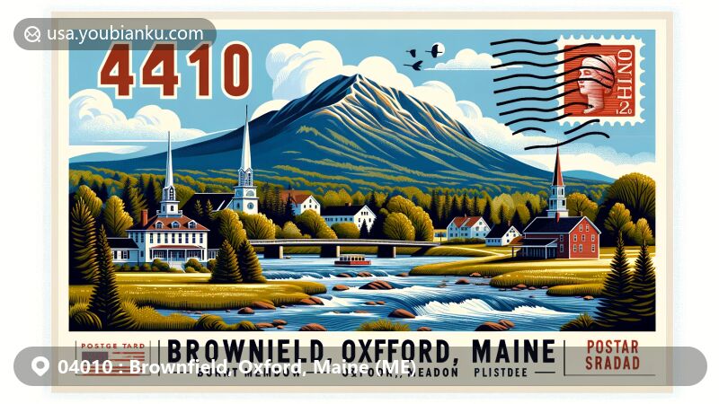Modern illustration of Brownfield, Oxford County, Maine, highlighting postal theme with ZIP code 04010, featuring Burnt Meadow Mountain and Saco River.
