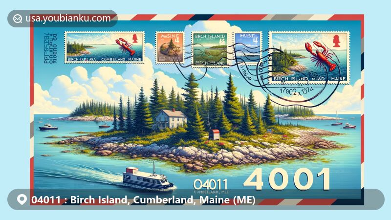 Modern illustration of Birch Island, Cumberland County, Maine, showcasing postal theme with ZIP code 04011, featuring tranquil natural scenery of Birch Island South Preserve and Maine state symbols.