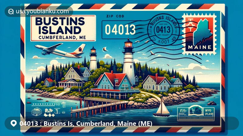 Modern illustration of Bustins Island, Cumberland County, Maine, featuring a postal theme with ZIP code 04013, showcasing the New England coastal scenery and the iconic Bustins Island lighthouse.