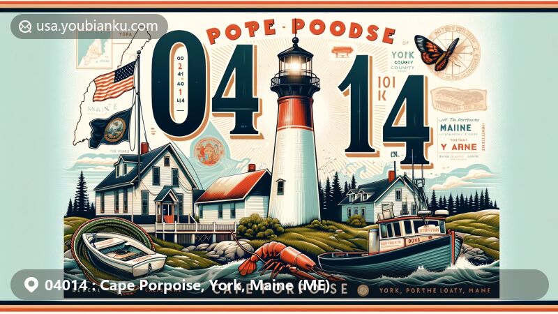 Modern illustration of Cape Porpoise, York County, Maine, depicting postal theme with ZIP code 04014, highlighting Goat Island Lighthouse, Maine lobster boat, York County map outline, and Maine state flag.