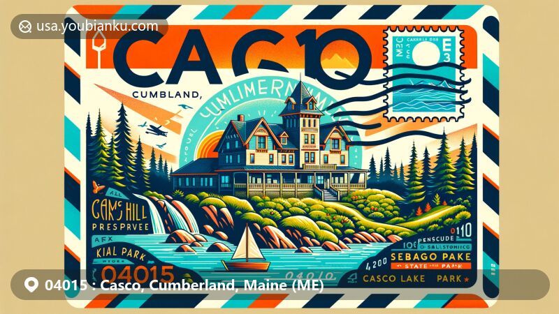 Modern illustration of Casco, Cumberland, Maine, showcasing postal theme with ZIP code 04015, featuring Hacker's Hill Preserve, Sebago Lake State Park, and Casco Castle ruins.