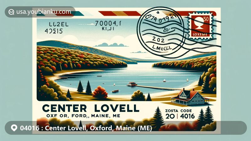Modern illustration of Center Lovell, Oxford, Maine (ME), featuring natural beauty of Kezar Lake, with design elements of postcard and airmail envelope, including stamps, postmark, and ZIP code 04016.