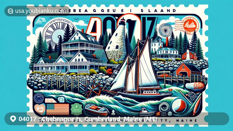 Modern illustration of Chebeague Island, Cumberland County, Maine, featuring Chebeague Island Inn, historic wharfs, and stone sloopers, with Maine's iconic elements like pine trees and the ocean, alongside postal elements including a postage stamp, postal mark, and ZIP code 04017.