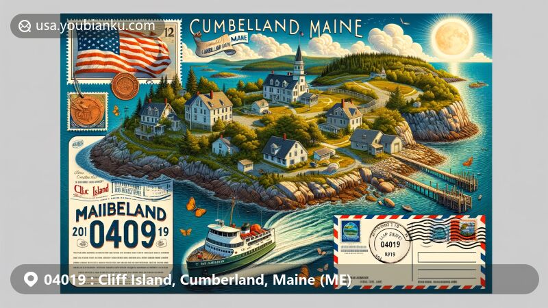 Modern illustration of Cliff Island, Cumberland, Maine, representing ZIP code 04019, featuring rural atmosphere, conservation land, H-like island shape, Casco Bay Lines ferry, Maine state flag, '04019' stamp, postmark from Cumberland, classic mailbox, and vintage postal van.