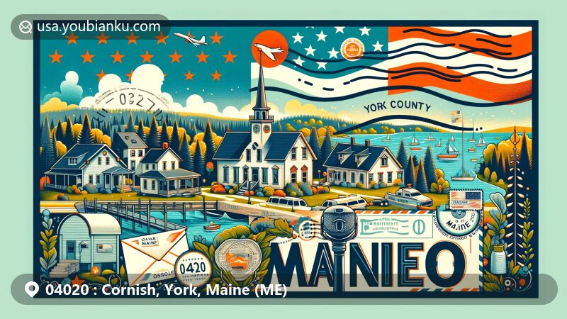Charming illustration of Cornish, York County, Maine, portraying the town's natural beauty and local landmarks, such as Ossipee River and Saco River, combined with postal elements representing U.S. ZIP code 04020.