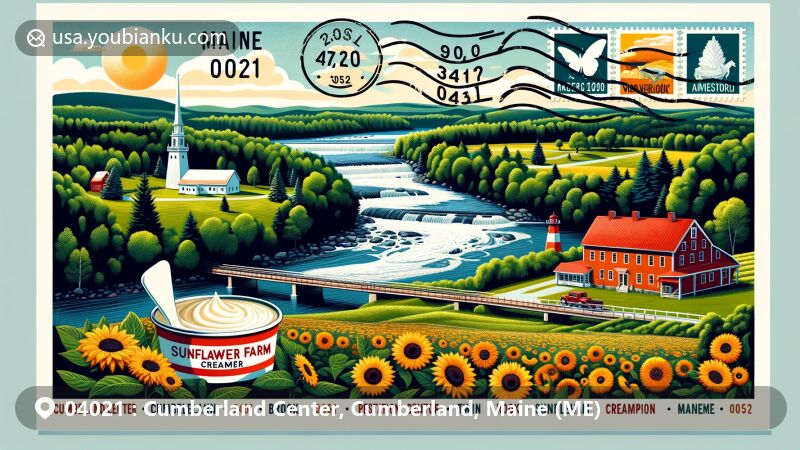 Modern illustration of Cumberland Center, Cumberland, Maine (ME), featuring Twin Brook Recreation Area and Sunflower Farm Creamery, integrated with postal elements like stamps and postmark, highlighting ZIP code 04021.