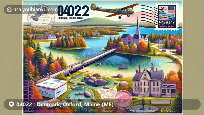 Modern and creative illustration of Denmark, Oxford County, Maine, showcasing Sand (Walden) Pond, Moose Pond, Denmark Arts Center, Veterans Memorial, and a postal theme with ZIP code 04022, harmonizing natural, cultural, and postal elements.