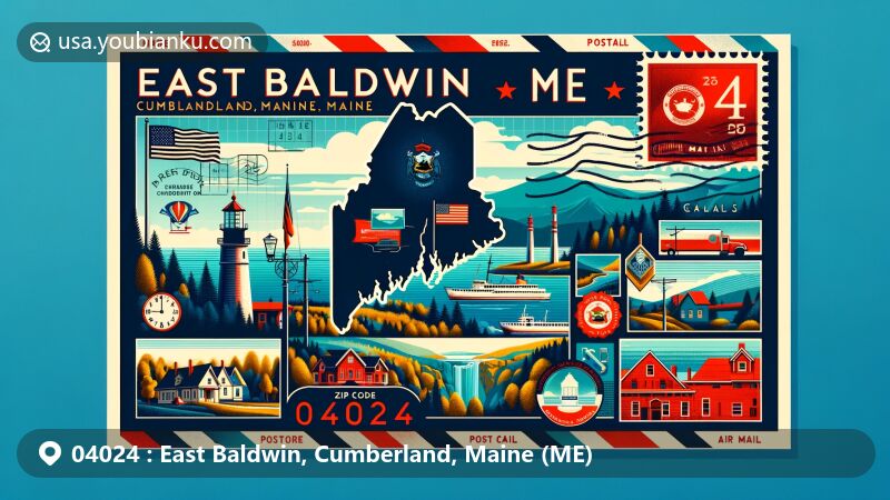 Modern illustration of East Baldwin, Cumberland, Maine, showcasing postal theme with ZIP code 04024, featuring serene natural beauty and iconic landmarks.